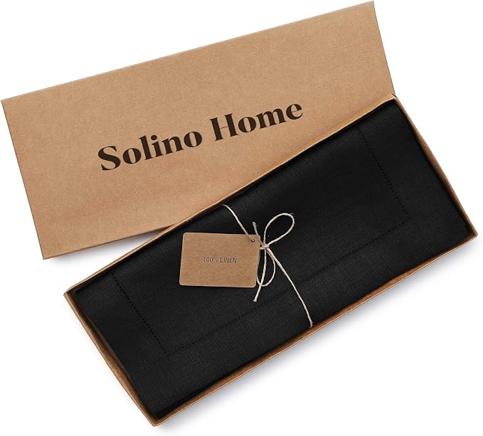 Solino Home 100% Pure Linen Dining Table Runner Black Hemstitch, 14 x 90 in | - Image 5