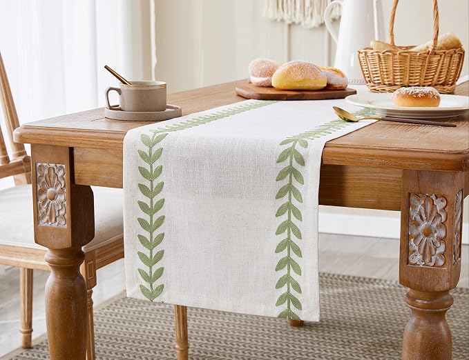 Wracra Embroidered Table Runner, Sage Green Table Runners 72 Inches Long | - Image 6