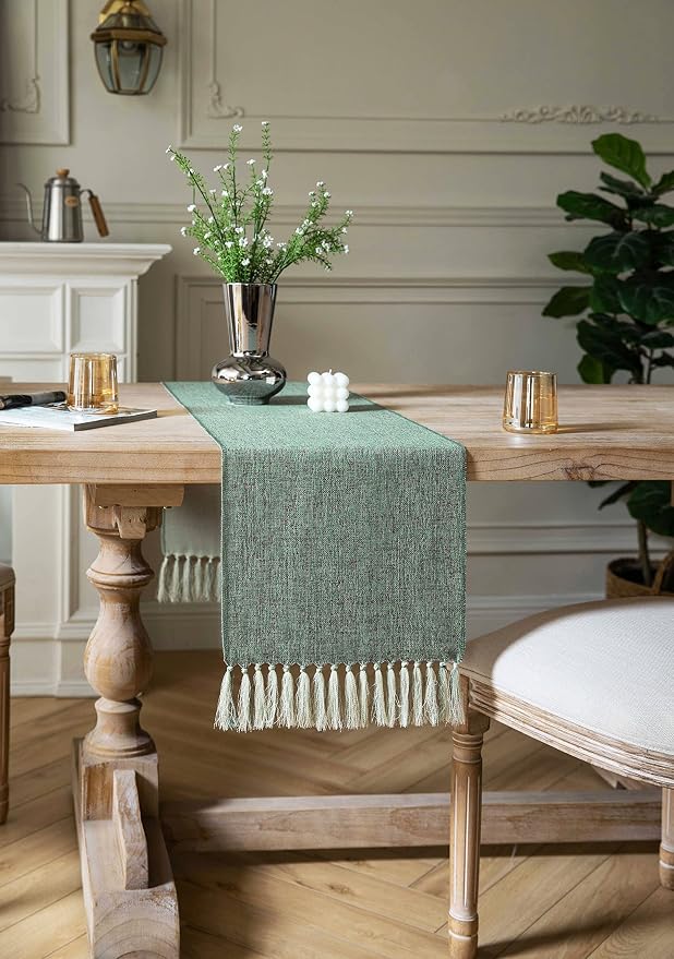 Green Table Runners 108 Inches Long, Burlap Linen Style Rustic Farmhouse Table - Image 3