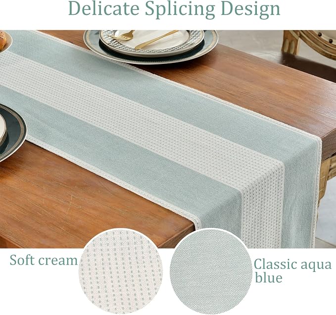 Wracra Linen Table Runner, Stripe Table Runners 48 Inches Long Aque Blue | - Image 3