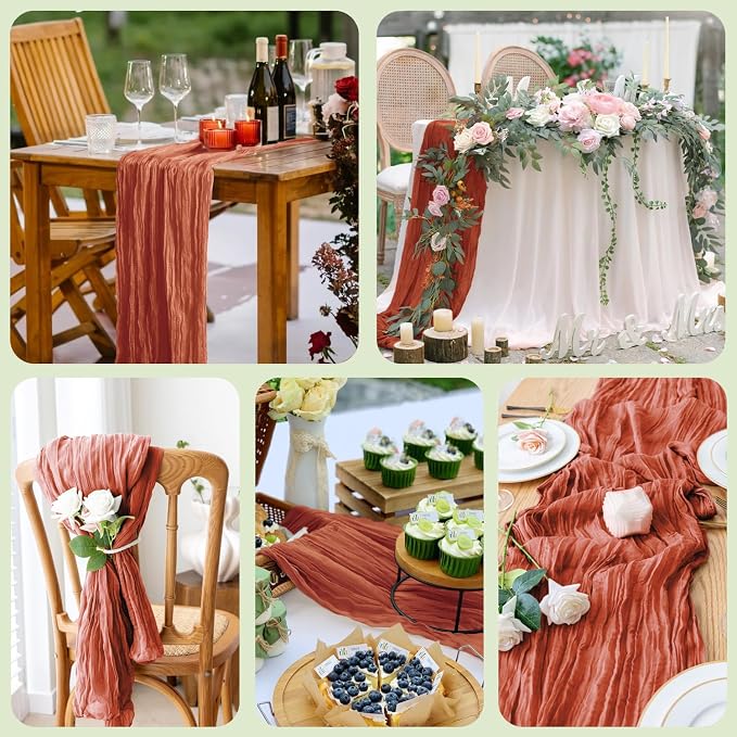 Cheesecloth Fall Table Runner Terracotta 10FT Boho Gauze, 3 Pack | 120 Inch - Image 7