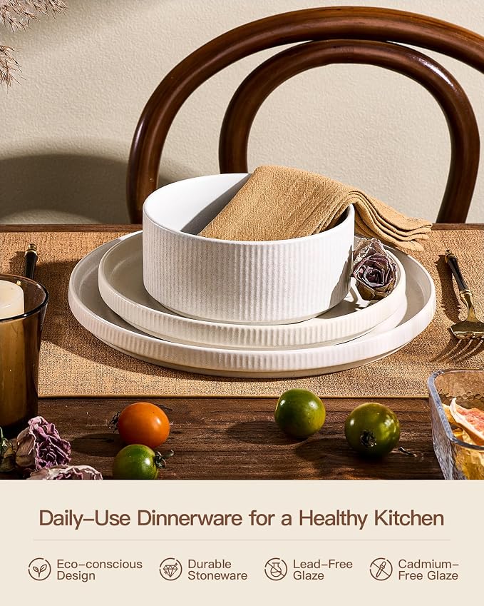 Stoneware Dinnerware Set for 4, Matte White Reactive Glaze | 12 pcs Ceramic - Image 5