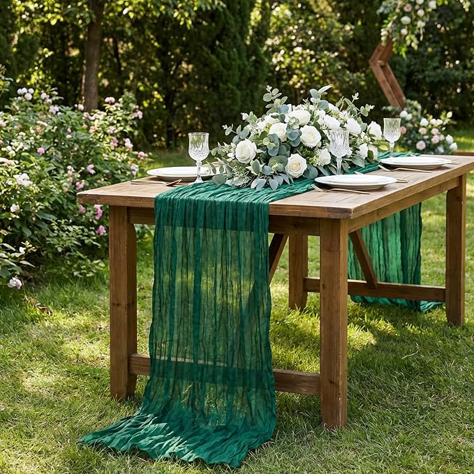 12 Pack Emerald Green Cheesecloth Table Runner 120 Inch Boho Wedding Decor | - Image 5