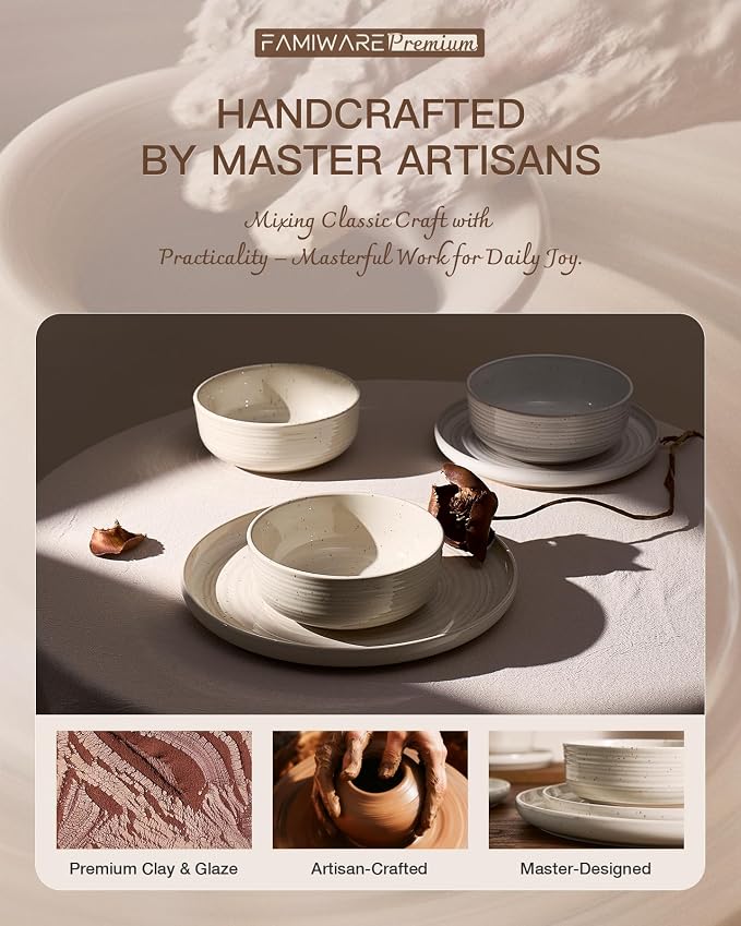 Stoneware Dinnerware Set for 8, Reactive Glaze Plates & Bowls, Shell Beige | - Image 6