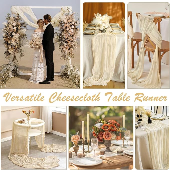 3 Pack Beige Cream Cheesecloth Table Runner 35x120 Inches, Summer Boho Cream - Image 5