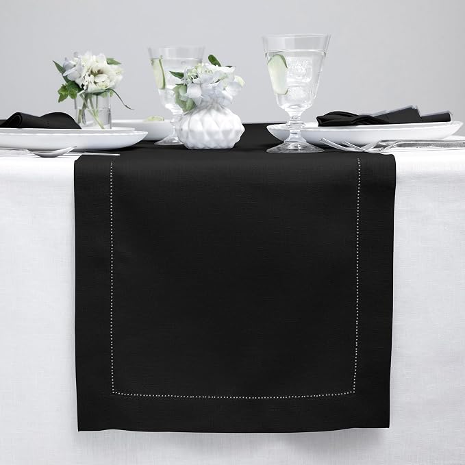 Solino Home 100% Linen Table Runner Black, Classic Hemstitch 14 x 156 in | by SolinoHome