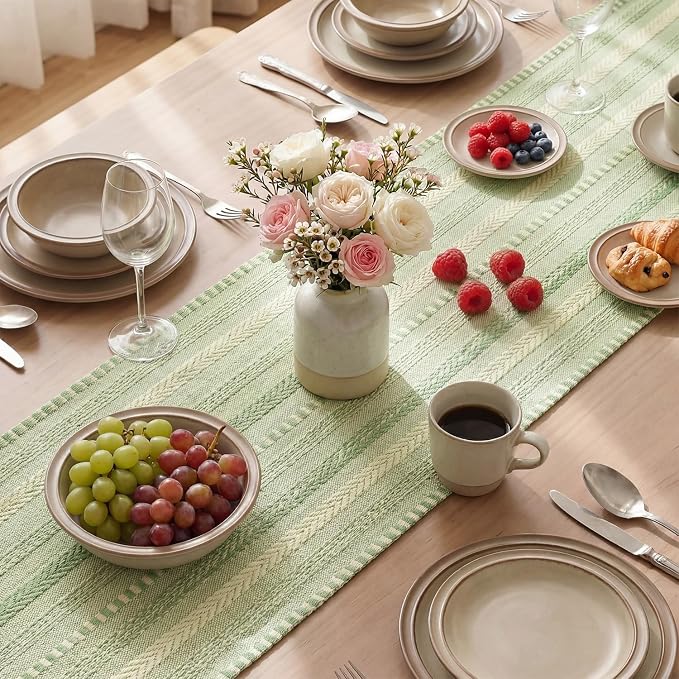 Artoid Mode Sage Green Farmhouse Stripe Braided Table Runner 12x90 Inch | - Image 4