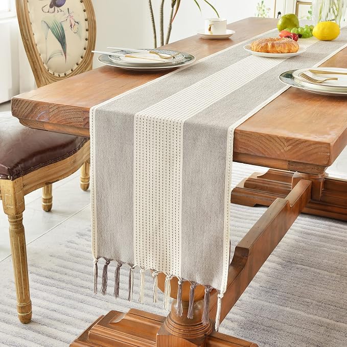 Wracra Linen Table Runner, Stripe Table Runners 108 Inches Long Coffee | - Image 5
