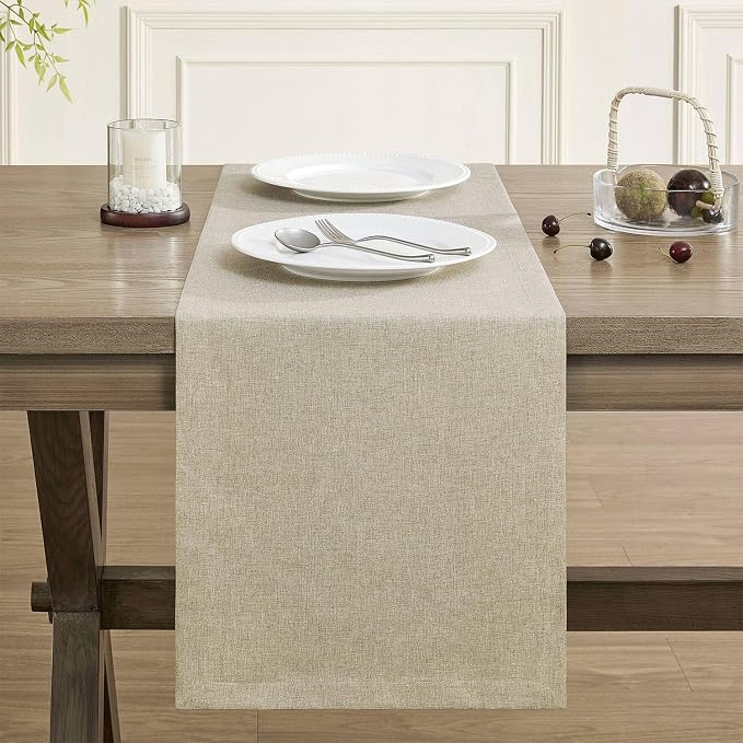 Basic Linen Style Table Runner, 14x72 Inch Natural | Mitered Corner Design - Image 2