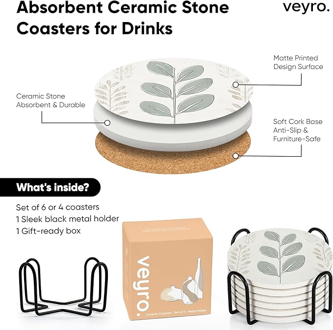 VEYRO Ceramic Coasters Set of 4 – Absorbent Stone Drink Coasters - Image 6