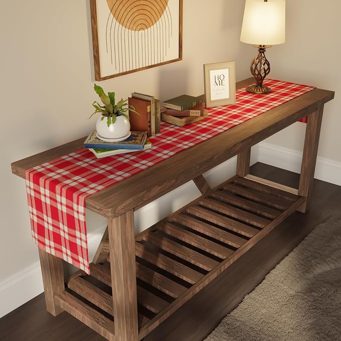 Encasa XO Table Runner, Woven Cotton Dining Runner 13"x94" | Franca Red Checks - Image 3