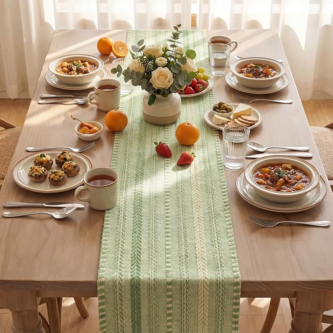 Artoid Mode Sage Green Farmhouse Stripe Braided Table Runner 12x60 Inch | - Image 3