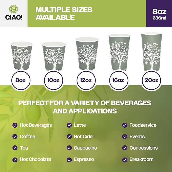 CIAO! 8oz Paper Hot Cup, Rooted Olive Print - Image 5