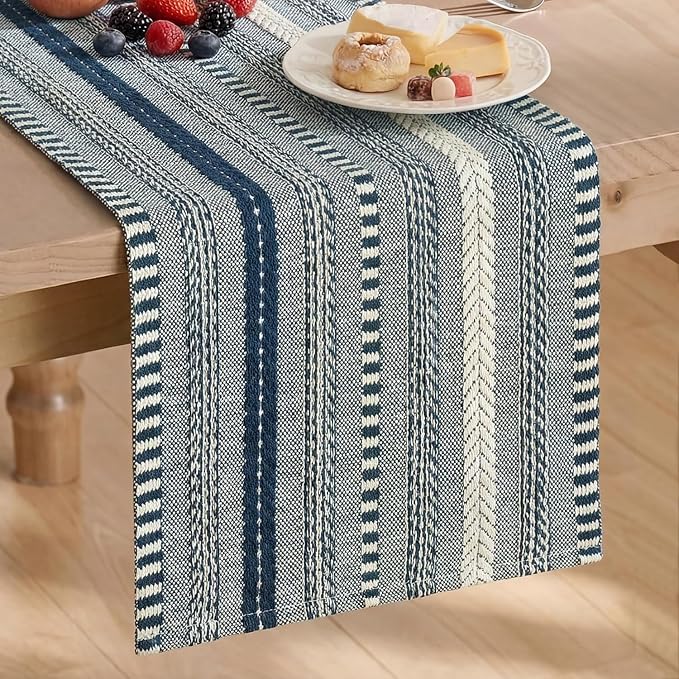 Artoid Mode Dark Blue Farmhouse Stripe Braided Table Runner 12x90 Inch | by ArtoidMode