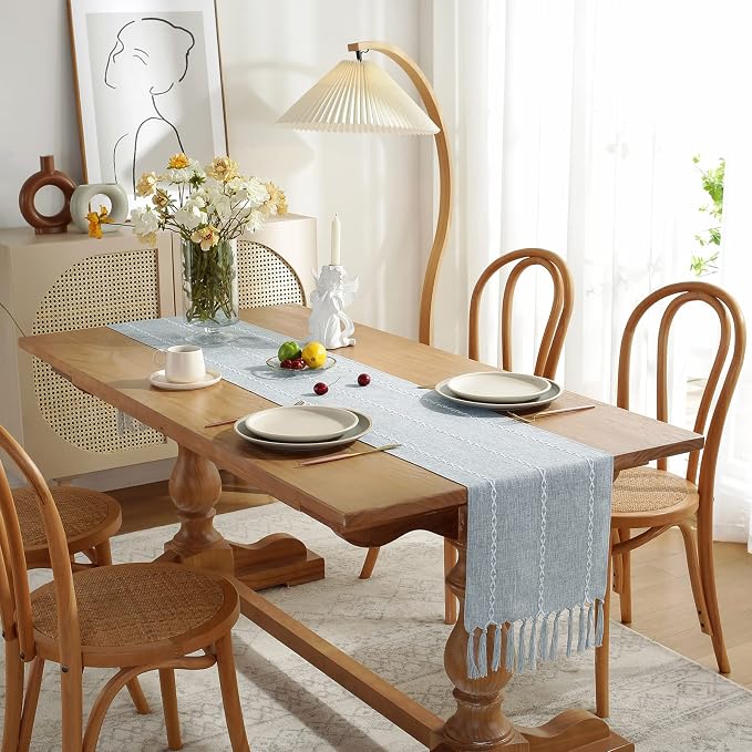 Wracra Rustic Linen Table Runner, Dusty Blue Table Runners 60 inches Long | - Image 3