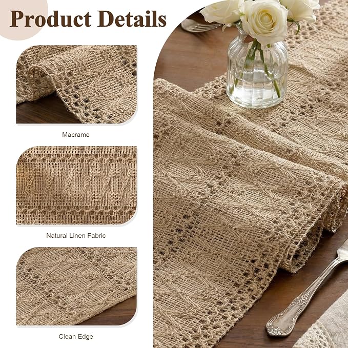 Burlap Boho Table Runner Macrame Brown 72in Farmhouse Woven Runner | Burlap - Image 2