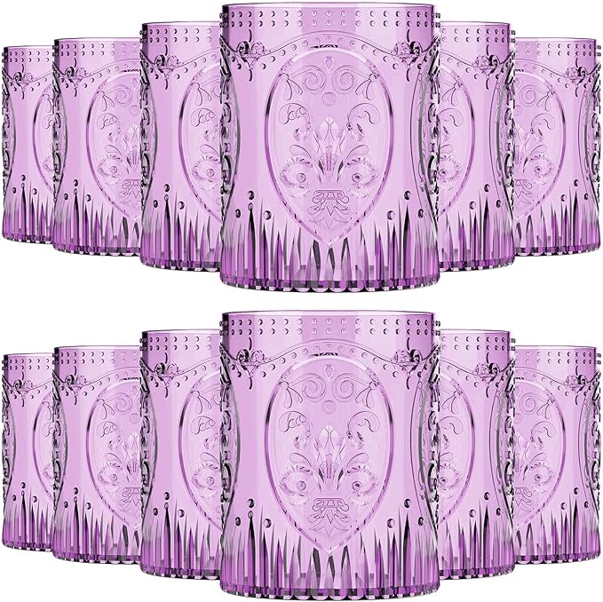 Qinyoung 12 Plastic Vintage Drinking Glasses 8.5oz Stemless Retro Embossed Wine by Qinyoung