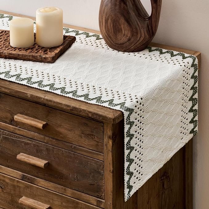 Macrame Side Trim Boho Woven Table Runner, Moss 12x108 Inch | Crochet Hollow by ZEEMARTONLINE