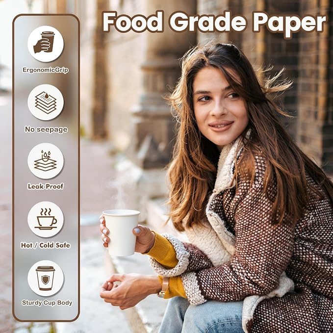 MOUMOULIFE Disposable Paper Coffee Cups 8 oz 100 Count, Leak-Proof White - Image 5