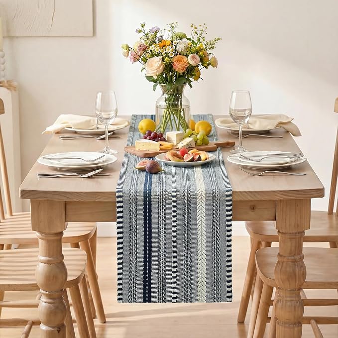 Artoid Mode Dark Blue Farmhouse Stripe Braided Table Runner 12x120 Inch | - Image 2