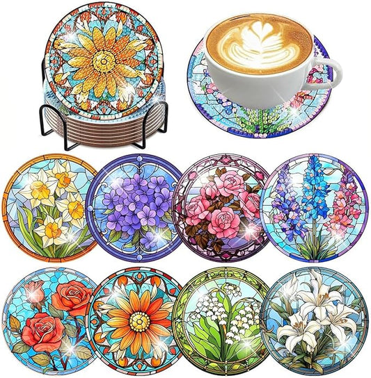 ijbnhd 8 PCS Flowers Diamond Art Coasters | Diamond Painting Coasters Kits by ijbnhd
