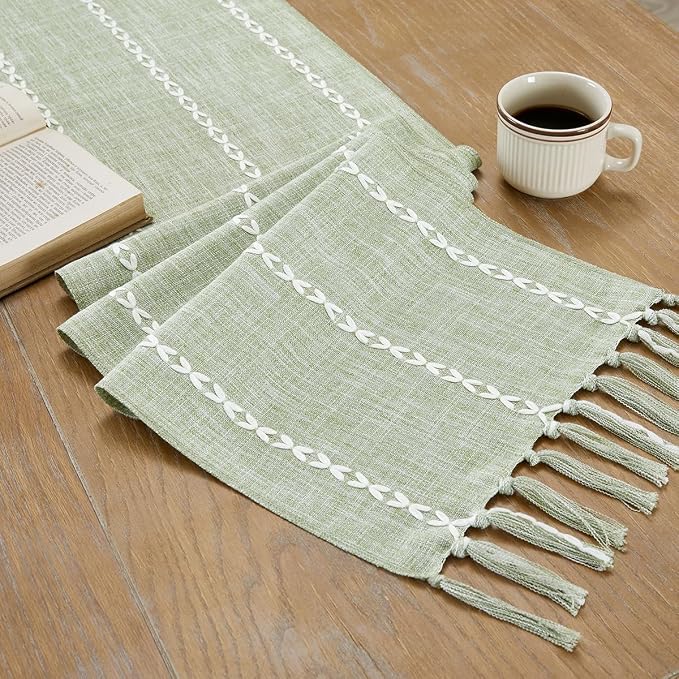 Wracra Rustic Linen Table Runner, Sage Green Table Runners 108 inches Long | - Image 4