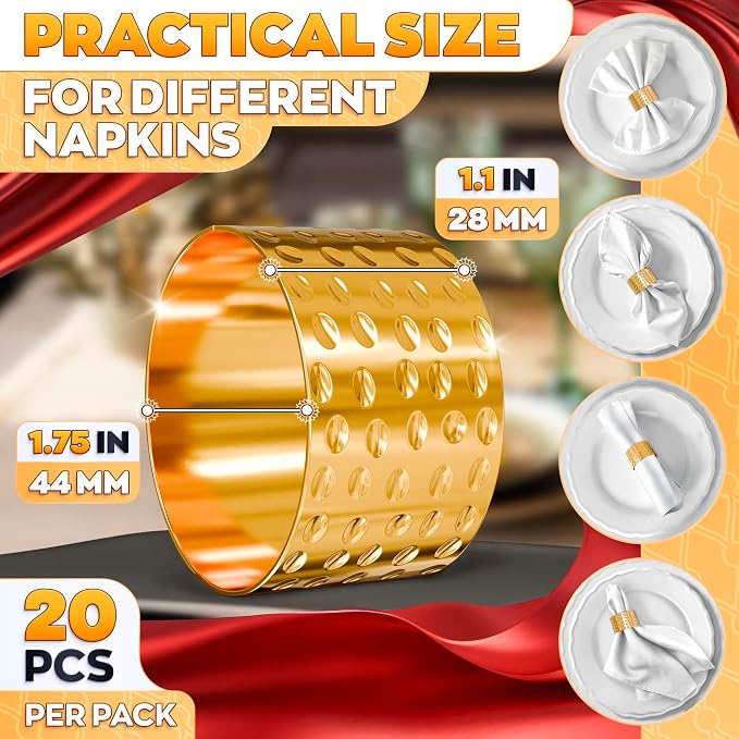 Hammered Gold Napkin Rings Set of 20, Reusable Holders - Image 2
