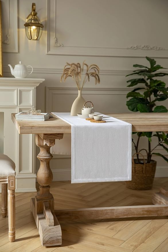 Burlap Style Farmhouse Table Runner, 14x90 Inches White | Thick Durable Fabric - Image 3
