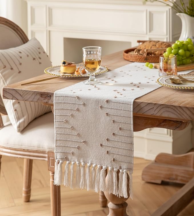 Boho Table Runner 13 x 72 Inch Long Natural Cotton Woven Runner - Image 4