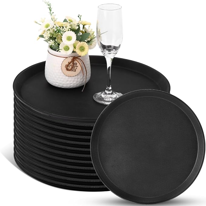12 Pcs Black Restaurant Serving Trays Bulk Plastic Non Slip Surface Round Drink by Unknown