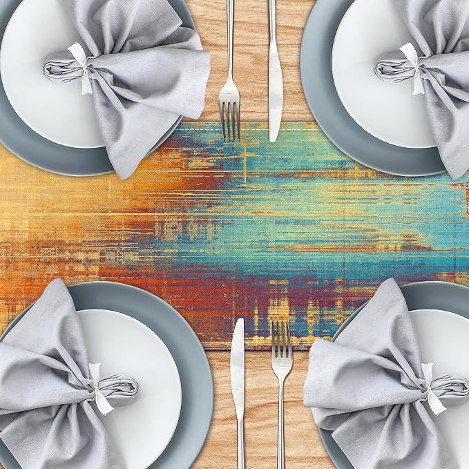 Small Table Runner Vintage Abstract Blue and Orange Table Runner Messy Rust - Image 4