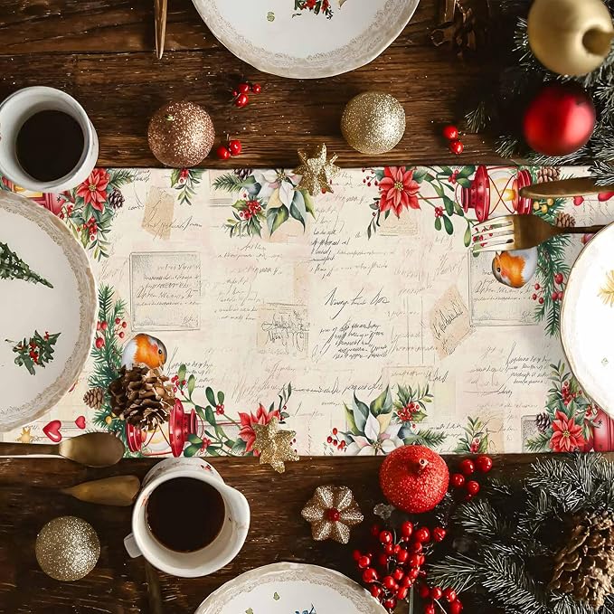 Christmas Poinsettia Table Runner 72 Inches Long, Winter Xmas Balls Birds Table - Image 4