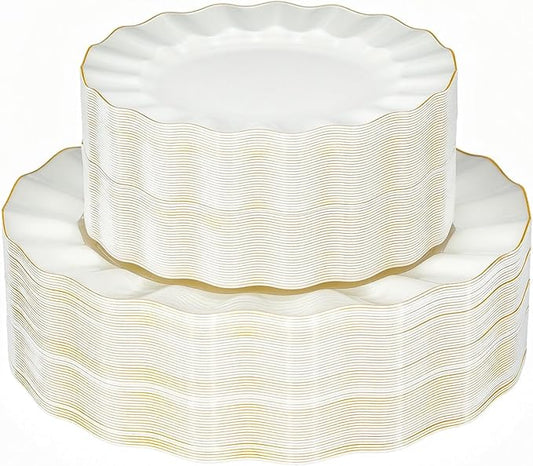 120PCS Ivory White Plastic Plates, Wavy Plates by QualQuot