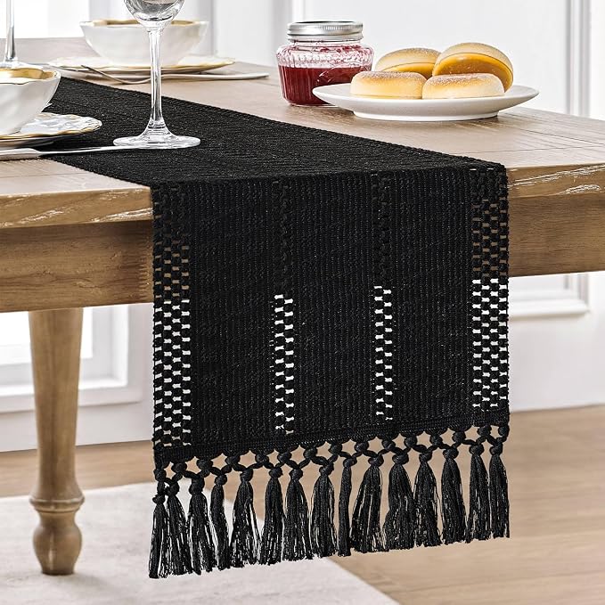 Macrame Style Boho Table Runner, 12x72 Inch Black | Woven Boho Table Runner by ZEEMARTONLINE