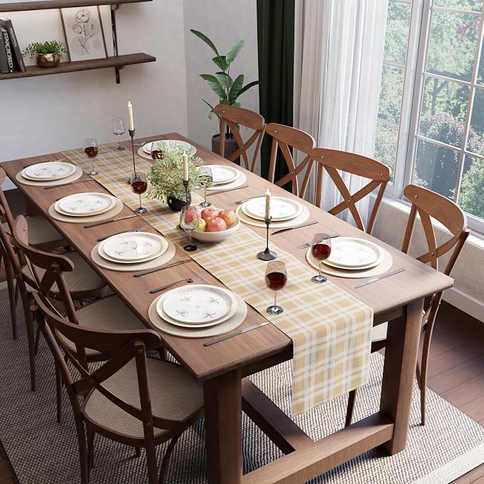Encasa XO Table Runner, Woven Cotton Dining Runner 13"x72" Franca Beige Checks - Image 9
