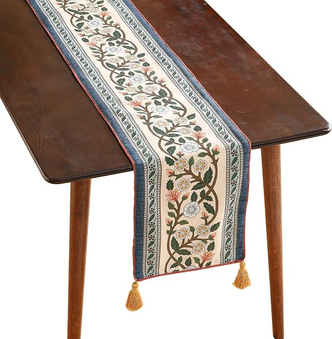 Designer Vintage Linen Long Table Runner, Floral Pattern, Dining Table by Isaennehomedecoration