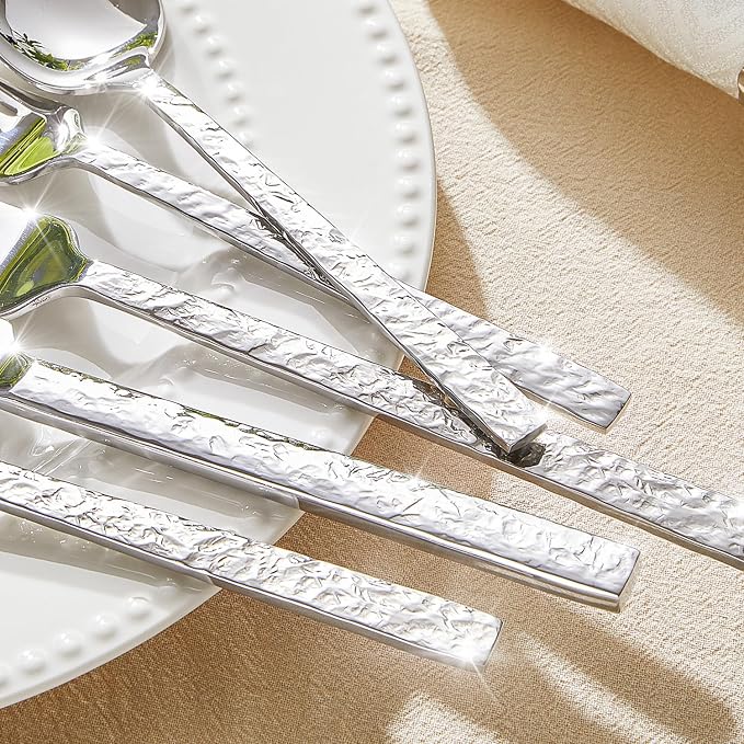 40 Pcs Hammered Silverware Set for 8, 18/10 Stainless Steel Heavy Duty Flatware - Image 5
