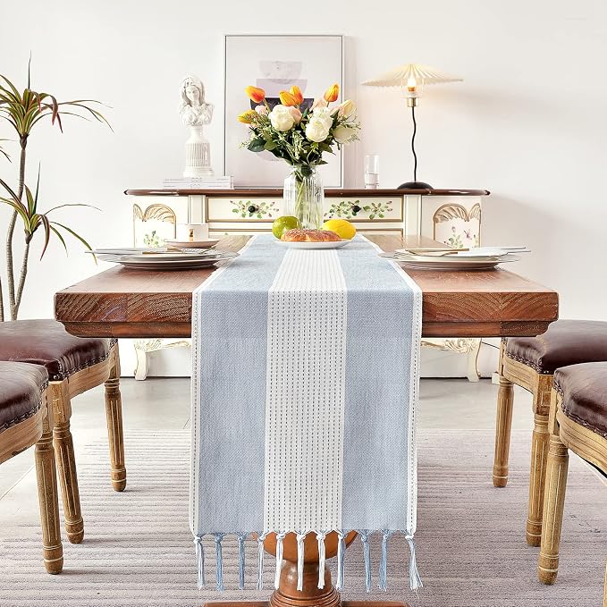 Wracra Linen Table Runner, Stripe Table Runners 48 Inches Long Blue | Delicate - Image 4
