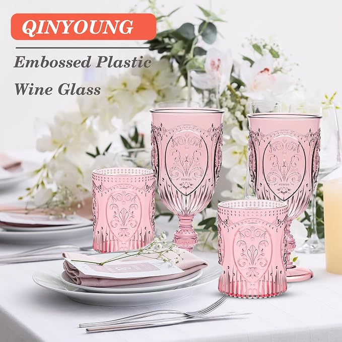 Qinyoung 6 Plastic Vintage Drinking Glasses 8.5oz Stemless Retro Embossed Wine - Image 7