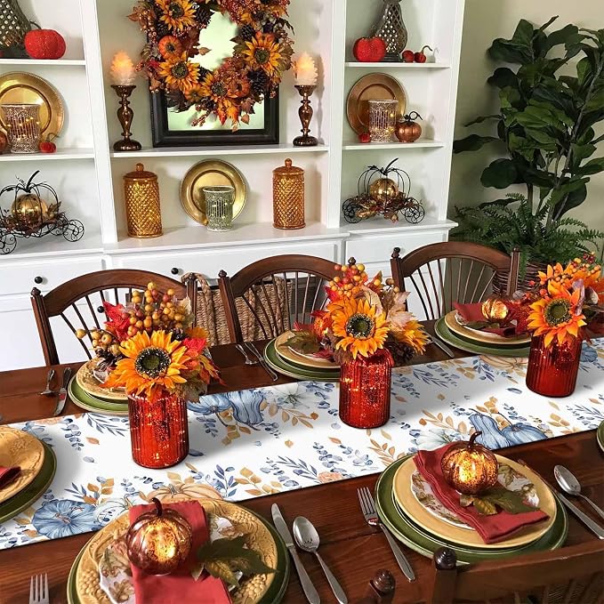 Blue Pumpkin Fall Table Runner 72 Inches Long, Thanksgiving Floral Eucalyptus - Image 6
