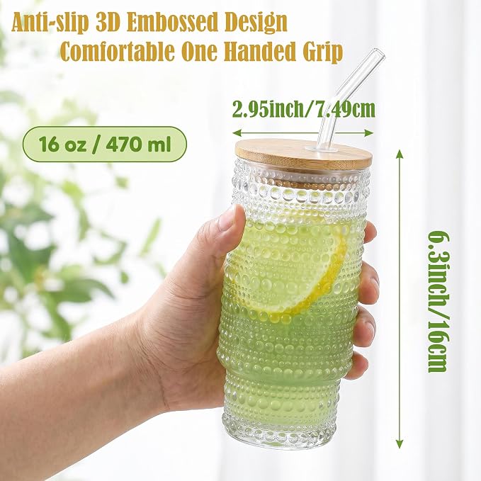 Glass Cups with Lids and Straws 16 oz Drinking Glasses Set of 8 | Ribbed - Image 6