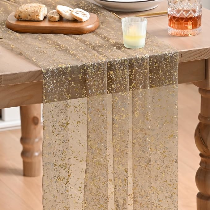 Artoid Mode 6PC Coffee Gold Gauze Table Runner 120 Inch 10FT, Glitter Metallic by ArtoidMode