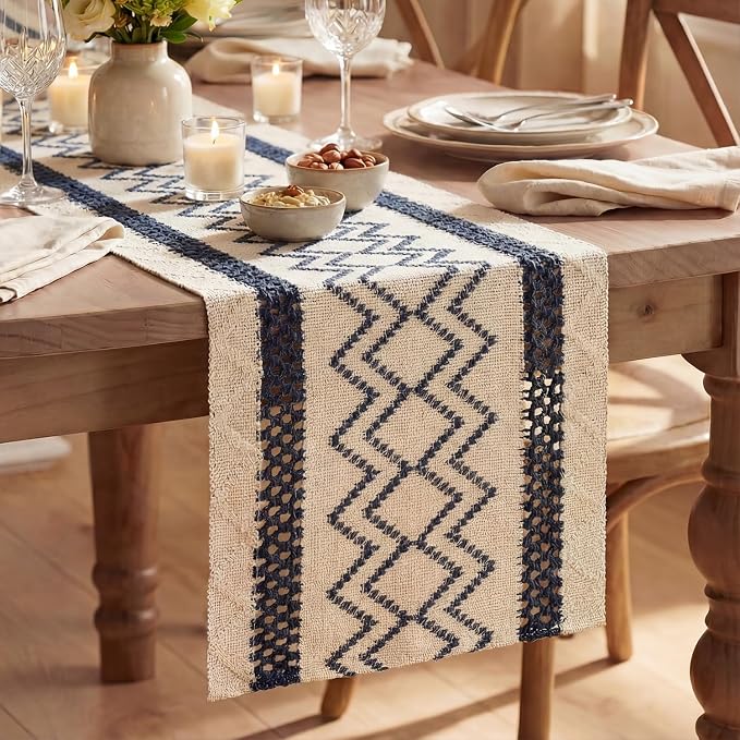 Artoid Mode Dark Blue Stripe Diamond Woven Table Runner 12x108 Inch | Holiday by ArtoidMode