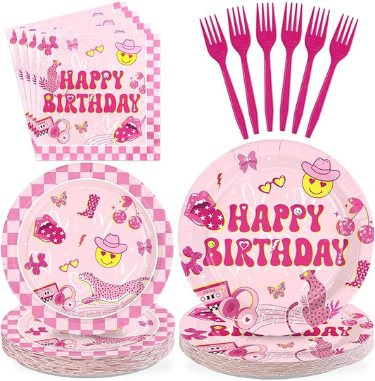 96Pcs Pink Checkered Preppy Birthday Party Supplies Serves 24 | Pink Smiley by Greencian