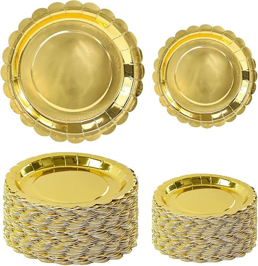50 Pcs Gold Scalloped Paper Plates 25 × 7'' and 25 × 9'' Disposable Gold by FALIZIFU