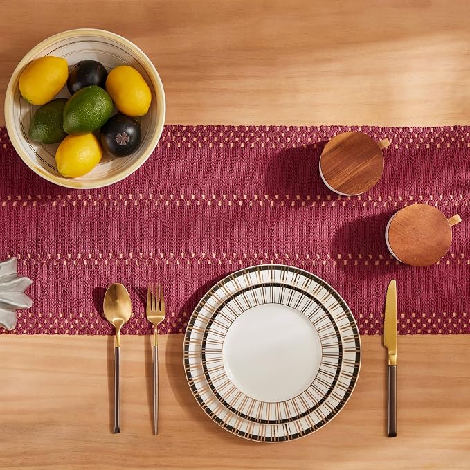 Macrame Style Boho Table Runner, 12x90 Inch Burgundy | Woven Boho Table Runner - Image 4