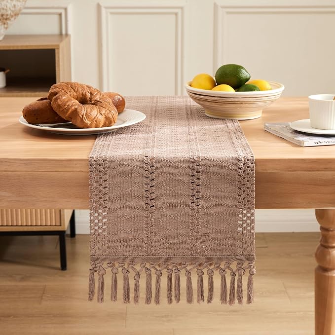Macrame Style Boho Table Runner, 12x72 Inch Taupe | Woven Boho Table Runner - Image 2