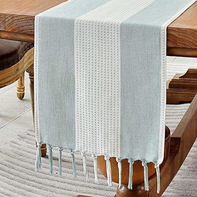 Wracra Linen Table Runner, Stripe Table Runners 90 Inches Long Aque Blue | by Wracra