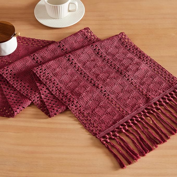 Macrame Style Boho Table Runner, 12x90 Inch Burgundy | Woven Boho Table Runner by ZEEMARTONLINE