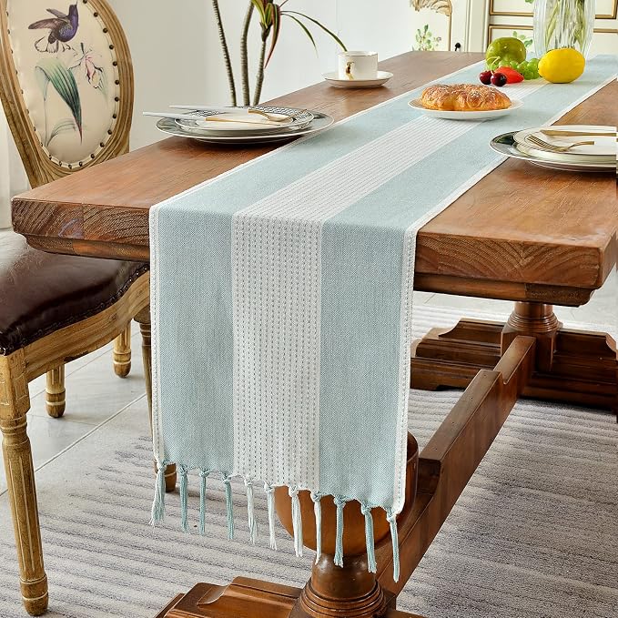 Wracra Linen Table Runner, Stripe Table Runners 90 Inches Long Aque Blue | - Image 7